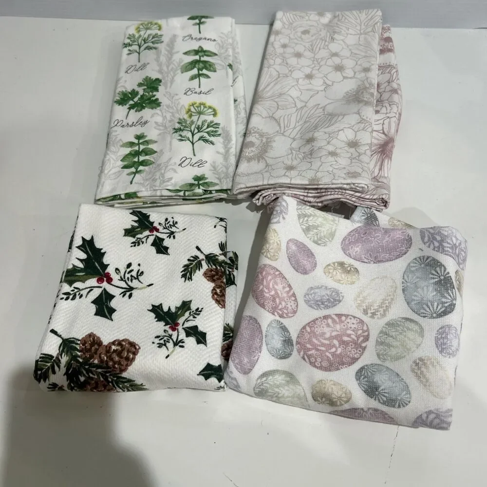 Lot of 6 Cotton Dish Kitchen Towels Seasonal Herbs Holiday Easter Floral